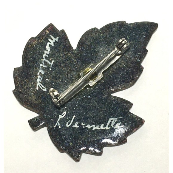 Handmade Glass Enamel On Copper Maple Leaf Pin Brooch Montreal Signed Vermette - Picture 5 of 9